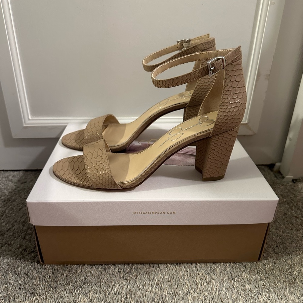 Jessica Simpson Tan Nude Snake Embossed Block Heel Sandals - Picture 2 of 5